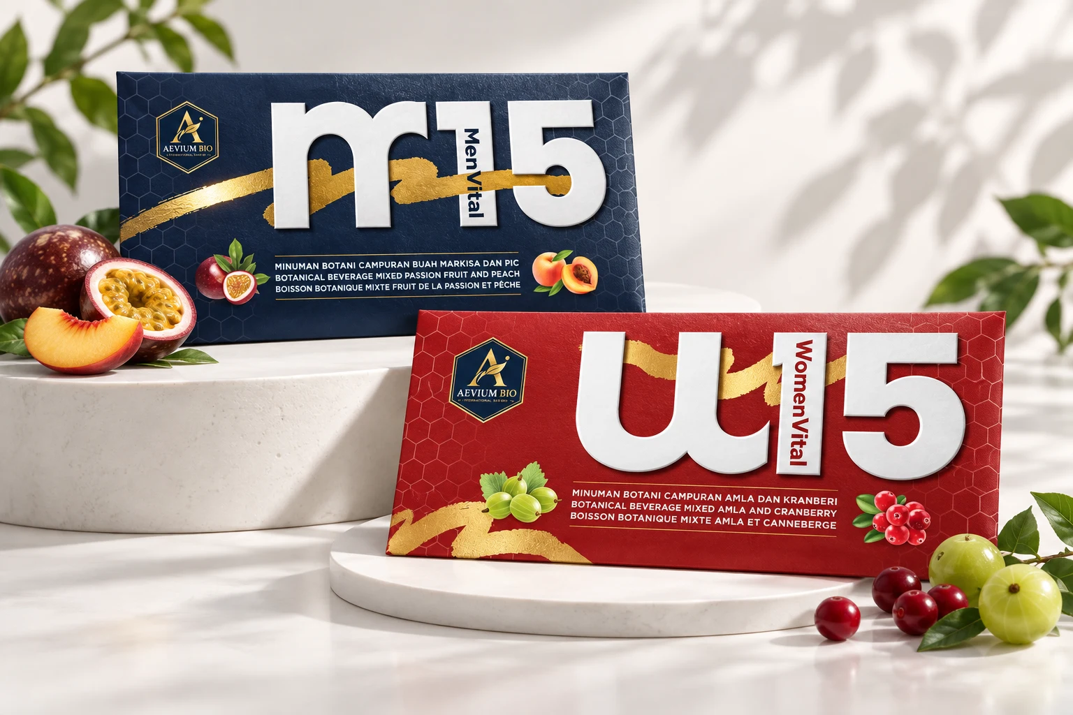 MenVital15 and WomenVital15 thin envelope packaging arranged with passion fruit, peach, amla and cranberries in a bright studio